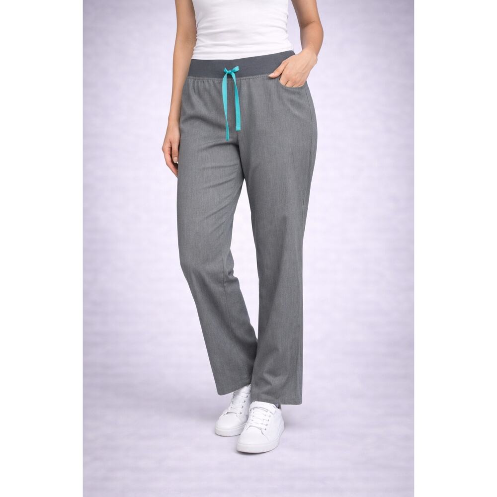 Figs Wide Leg Scrub Pants in Gray with Teal Drawstring